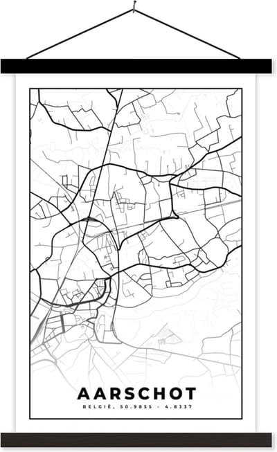 Posterhanger incl. Poster 40x60 cm - Schoolplaat - Stadskaart – Zwart Wit - Kaart – Aarschot – België – Plattegrond - Textielposter - Zwarte latten - Stadskaart