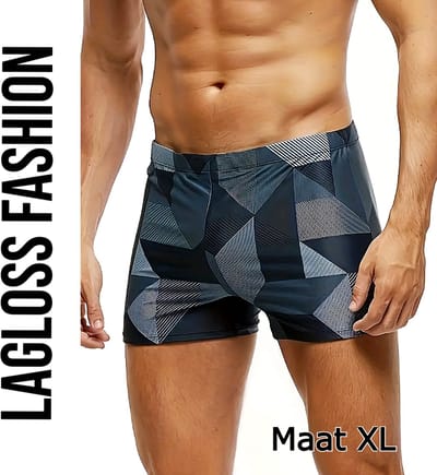 LaGloss® Heren Zwemshort Zwart Grijs – Lage Taille Zwembroek met Geometrisch Design – Maat XL