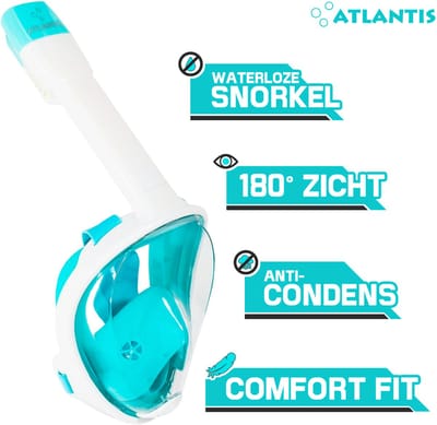 Atlantis Snorkelmasker - Duikbril - Snorkel - Snorkelset - Full Face Masker - Volwassenen - Wit/Turquoise - S/M