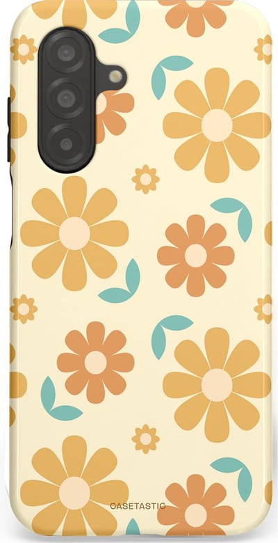 Casetastic hoesje geschikt voor Samsung Galaxy A26 - Dubbellaagse bescherming - Flower power Retro Bloemen - Geel - Oranje - Blauw - Fashion Case - Crème Goud Perzik