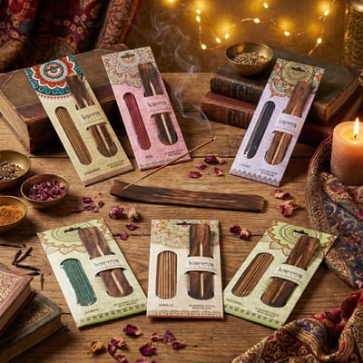 Dailygoods- Wierookstokjes set 126-delig - Houten houder - Handopgerold uit India - 6 geuren: sandelhout/roos/vanille/jasmijn/patchouli/lavendel - Voor yoga/meditatie/wellness - Wierook