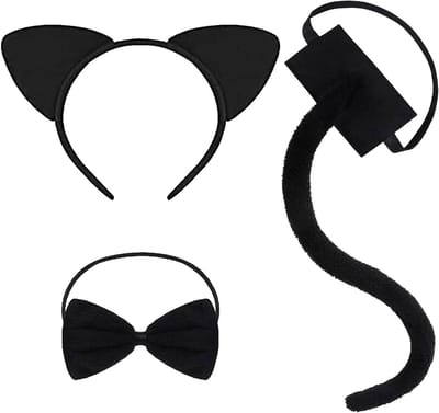 Drie-delig kattenkostuum voor kinderen en volwassenen met oren, lange staart en strikje voor Halloween en carnaval, ideaal voor cosplay en feestjes