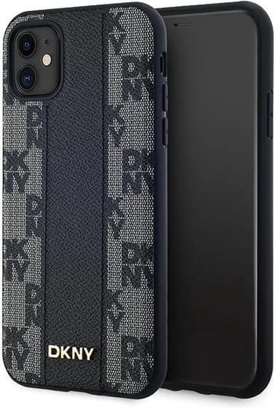 DKNY Leren MagSafe-hoesje met geruit monopatroon voor iPhone 11 / Xr - Zwart