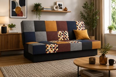 Slaapbank, sofa met slaapfunctie en opbergruimte, moderne bank, 3-zits, Slaapbank - Cyprus patchwork - Bordeau + Geel - Bragi 86/68/92/34/16 + M103
