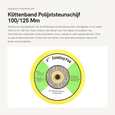 Dailygoods- Polijststeunschijf 100/125 mm - Klittenband - M8 Draadschuurzool - Slijpen - Polijsten - Geschikt voor hout/kunststeen/metaal - Schuurzool
