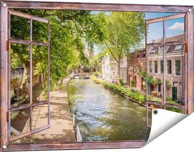 Gards Tuinposter Doorkijk Oudegracht in Utrecht - 90x60 cm - Tuindoek - Tuindecoratie - Wanddecoratie buiten - Tuinschilderij