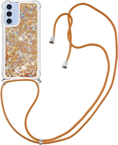 Coverup Hoesje - Geschikt voor Samsung Galaxy A15 Hoesje - Coverup Liquid Glitter Back Cover met Koord - Goud
