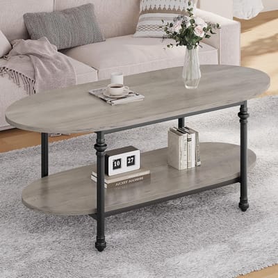 Ovale Salontafel met Opbergruimte - 2 Lagen - Modern Industrieel Design - Romeinse Zuil Poten - Grijs Hout & Metaal - 120 cm