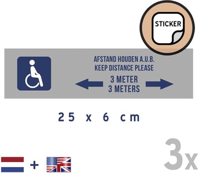 Pictogram/ stickers (3x) (small model) | "Afstand houden a.u.b./ Keep distance please - 3 meter/ 3 meters" | 25 x 6 cm | NL + ENG | Gehandicapt | Invalide | Engels | Rolstoelgebruiker | Rolstoel | Invaliditeit | Rol stoel | Sticker | 3 stuks