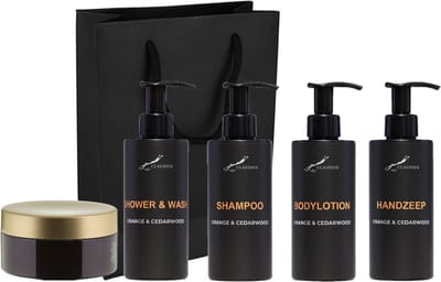 Compleet pakket Sweet Orange & Cedarwood - Shower & Wash + Shampoo + Bodylotion + Handzeep + Scrubzout 300 gram - 300 ml per fles - complete set van 5 stuks - met luxe gift tas - cadeau - giftset voor hem en haar