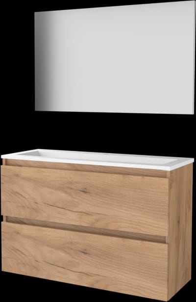 Basic-Line Basic 39 Badkamermeubelset - Ondiep - 100 x 39 cm - Greeploos - 2 Lades - Acryl Wastafel - 1 Kraangat - Spiegel - Whisky Oak