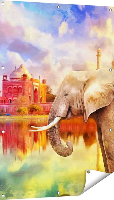 Gards Tuinposter Getekende Olifant bij Taj Mahal - Abstract - 80x120 cm - Tuindoek - Tuindecoratie - Wanddecoratie buiten - Tuinschilderij