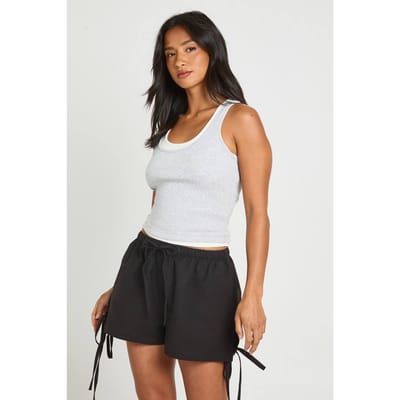 boohoo Dames Petite Linnen-look Shorts Met Strikdetail Aan De Zijkant | Zwart | Maat: 34