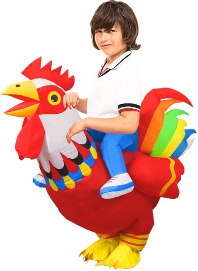 KIMU® Opblaas Kostuum Kinderen Zittend op Kip Rood Regenboog - Maat 122 128 134 140 146 152 - Opblaasbaar Pak - Kippenpak Mascotte Opblaaspak - Opblaasbare Haan Festival