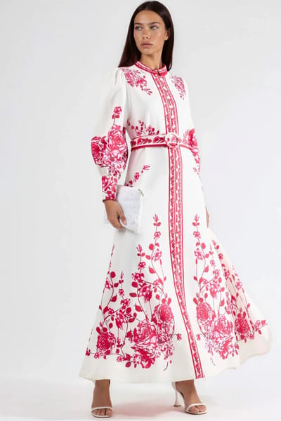 Floral Lange Mouw Giethoorns Maxi Jurk met Mandarin Kraag