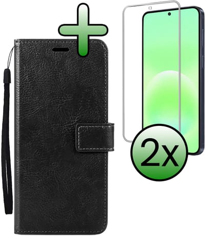 Hoesje Met 2x Screenprotector - Geschikt voor Samsung Galaxy A57 - Luxe Pasjeshouder - Bookcase Portemonee - Flip Case - Kunstleer Book Case - Flipcase Hoes - Book Cover - Walletcase - Portemonneehoes - Zwart