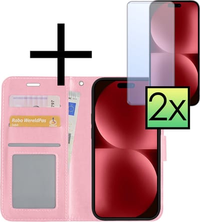 Hoesje - Met 2x Screenprotector - Geschikt voor Apple iPhone 15 - Luxe Pasjeshouder - Bookcase Portemonee - Flip Case - Kunstleer Book Case - Flipcase Hoes - Book Cover - Walletcase - Portemonneehoes - Lichtroze