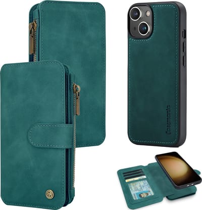 Casemania Hoesje Geschikt voor Apple iPhone 15 - Emerald Green - 2 in 1 Magnetic Book Case met Rits