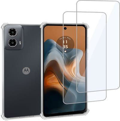 Geschikt voor Motorola Moto G34 - Hoesje + 2x Screenprotector – Gehard Glas Cover + Shock Proof Case – Transparant