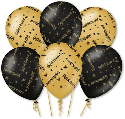 LUQ – Latex Ballonnen Gefeliciteerd – 6 Stuks – Zwart-Goud – Luxe Feest Decoratie – Party Decoration – Helium Ready