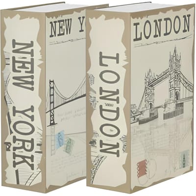 Kluis in boekvorm set - 2x stuks - Londen / New York - incl. 2 sleutels - 12 x 18 x 6 cm