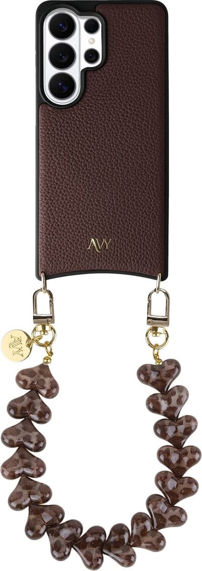 AVY Leren Hoesje Geschikt voor Samsung Galaxy S26 Ultra | Compatibel met MagSafe | Leather Case met Telefoonkoord | Polsband | Chocolate | Cupid Leopard
