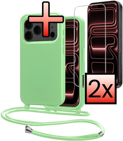 Hoes Geschikt voor iPhone 17 Pro Met Telefoonkoord Met 2x Screenprotector - Siliconen Hoesje Backcover Met Ketting - Groen