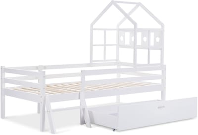 Kinderbed - Hoogslaper - Huisbed - 90x200 cm - Houten Bed – Met Lades – Uitvalbeveiliging – Met Ladder - Lattenbodem - Slaapkamer -- 1 Stuk - Wit