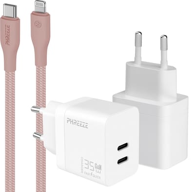 Snellader usb C oplader - Power Delivery GaN adapter met 2 usb C poorten - Geschikt voor iPhone 14 t/m 11 en iPad met Lightning kabel - Dubbele usb C oplader voor telefoon en tablet