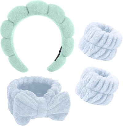Set van 4 Haarbanden en Polsbanden voor Vrouwen - Ideaal voor Spa, Gezichtsreiniging en Yoga (Blauw)