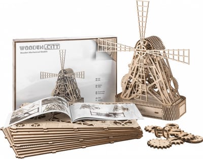 Wooden City modelbouwpakket Molen hout - 373mm hoog x 327mm breed x 135mm diep - naturel kleur