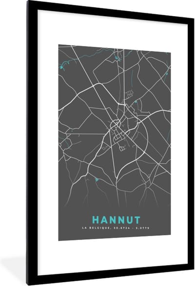 Fotolijst incl. Poster - Stadskaart – Grijs - Kaart – Hannut – België – Plattegrond - 60x90 cm - Posterlijst