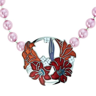Behave - Emaille bloemen ketting dames - Art nouveau stijl - Roze parel