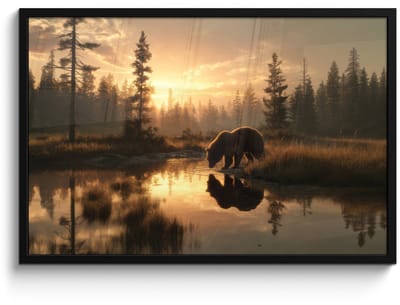 Poster in lijst - Fotolijst 90x60 cm - Posters - Beer - water - Bos - Ochtendlicht - Posterlijst zwart - Decoratie - Wanddecoratie woonkamer - Muurdecoratie slaapkamer