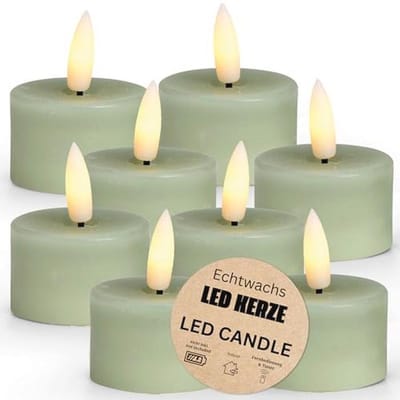 Set van 8 LED-theelichtjes met timerfunctie - Flikkerende vlam, warm wit, Ø 4 x 4 cm - Elektrische waskaars in saliegroen