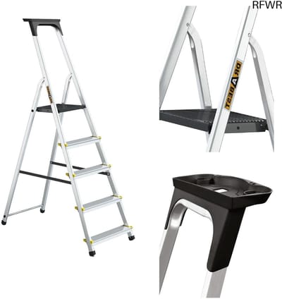 RFWR® Aluminium Trapladder 5 treden - Huishoudladder met Antislipvoeten en Werkladderplatform