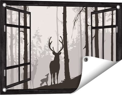 Gards Tuinposter Doorkijk Herten in het Bos - Silhouet - 60x40 cm - Tuindoek - Tuindecoratie - Wanddecoratie buiten - Tuinschilderij