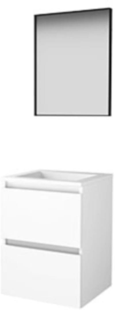 Basic-Line Framed 46 Badkamermeubelset - 50 x 46 cm - Greeploos - 2 Lades - Acryl Wastafel - Zonder Kraangat - Spiegel met Zwart Aluminium Frame - Ice White