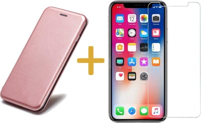 Hoesje Kunstlederen Book Case geschikt voor Apple iPhone Xs / X + Screenprotector Tempered Glass - Roségoud Siliconen iCall Wallet