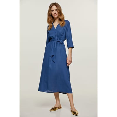 Blauwe Linnen Midi Jurk met Riem