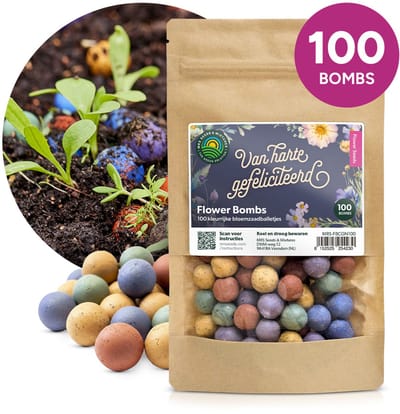 Flower Bombs - Zaadbommen mix - Van harte gefeliciteerd! - 100 stuks - Biologische wilde bloemzaden - Handgemaakte bloembommetjes - Leuk cadeau of relatiegeschenk