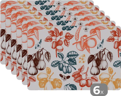 Placemat - Placemats kunststof - Fruit - Vintage - Boom - Design - 45x30 cm - 6 stuks - Hittebestendig - Anti-Slip - Onderlegger - Afneembaar