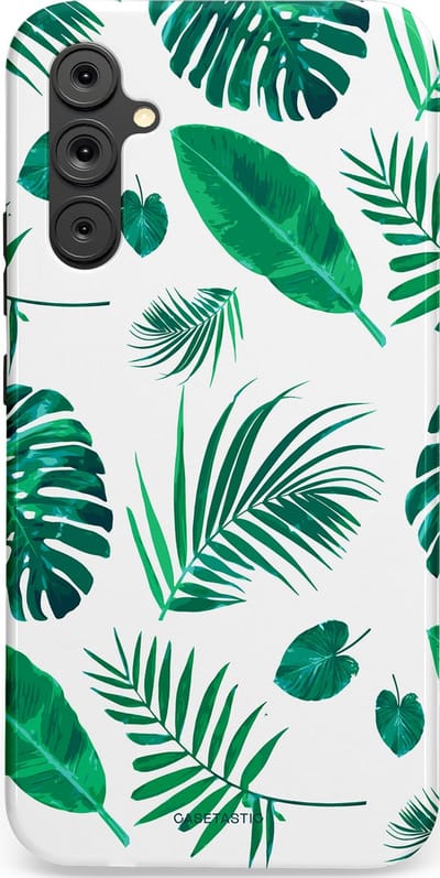 Casetastic Hoesje Geschikt voor Samsung A34 (5G) - Stijlvolle Beschermende Duo-layer Case - Groene Witte Jungle Bladeren Print