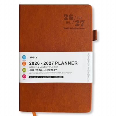Feiy Brown Agenda - 2026-2027 - A5 formaat Schoolagenda - 1 week op 2 pagina's - Harde kaft - Met Elastiek