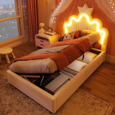 YEHTOKHOME Gestoffeerd bed 90 x 200 cm - Prinsessenbed Eenpersoonsbed met hydraulische opbergruimte - LED-verlichting - Verstelbaar hoofdeinde in kroonvorm - PU - wit