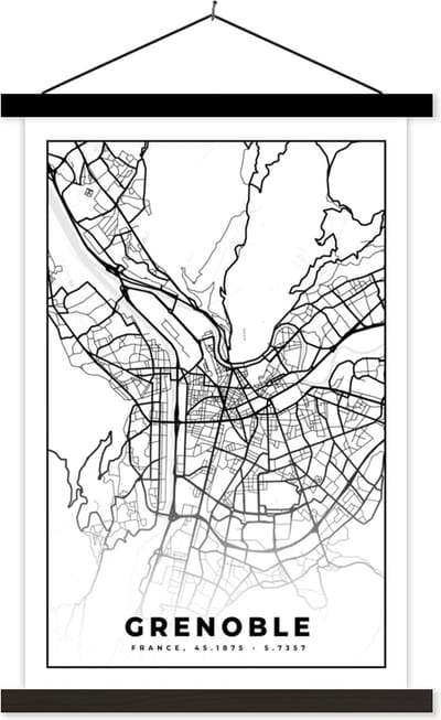 Posterhanger incl. Poster 40x60 cm - Schoolplaat - Stadskaart - Plattegrond - Grenoble - Kaart - Frankrijk - Zwart wit - Textielposter - Zwarte latten - Stadskaart