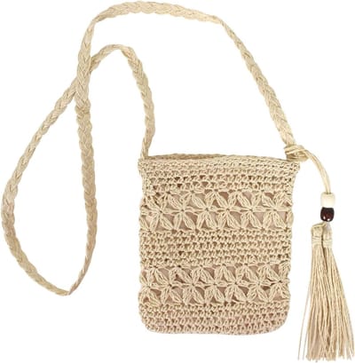Kleine Stro Schoudertas met Bohemian Haakwerk, Ideaal voor Zomer, Feestjes en Vakanties