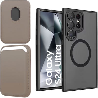 Hoesje + Pasjeshouder geschikt voor Samsung Galaxy S25 Ultra - Portemonnee geschikt voor MagSafe - Magnetisch - Pasjes Houder - Creditcardhouder - Taupe