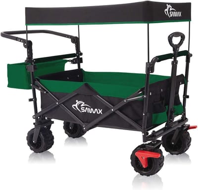 Opvouwbare Bolderkar met Dak - Offroad Tuinkar Handwagen met Rem en Staartzak - Zwart/Groen