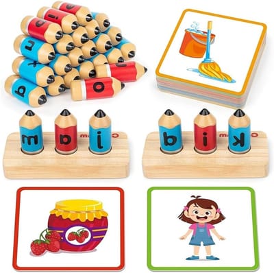 Educatieve houten spelling spellen voor korte klinkers, CVC-woorden en motorische vaardigheden voor kinderen van 3-5 jaar